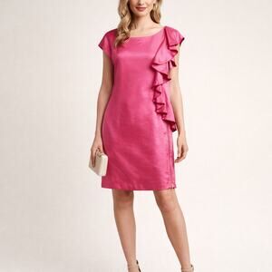 Allen B Pink Ruffle Dress Side Zip Satin Sheath Cocktail Size 10